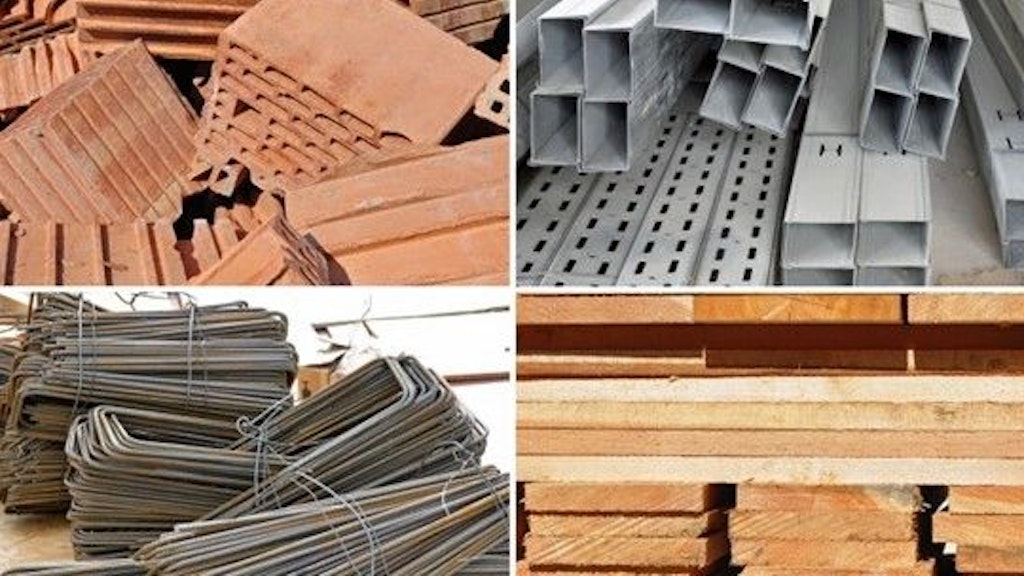 Différents types de produits de construction (briques, structures métalliques et planches en bois).